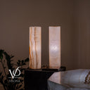 White Ice Onyx Cylinder Table Lamp Pair – 20″ Tall × 5.5″ Diameter
