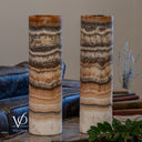 Tangerine Onyx Cylinder Table Lamp Pair #4 — 19.75″